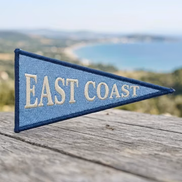 East Coast Pennant Embroidered Patch, Light Blue Triangle Flag Vintage Varsity Theme, Iron On Patch, Travel Souvenir Gift