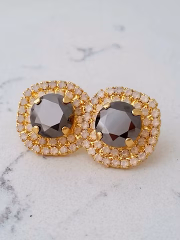 Gray earrings,White opal earrings,Bridal crystal stud earrings, Metalic gray stud earrings,Bridesmaids earrings, Crystal large stud earrings