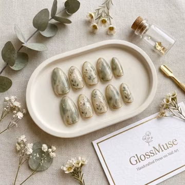 Sage Green Floral Press on Nails | Gold Foil Marble Almond Custom Set