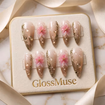 Pink Sakura 3D Water Drop Almond Press on Nails | Gold Chrome Swirl Gel Set