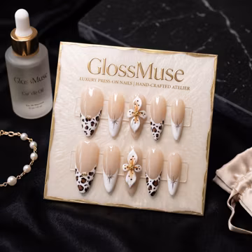 Leopard French Tip Press-On Nails | 3D Flower Gold Starburst Almond Gel Set
