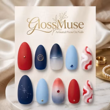 Matte Red Navy Ombre Marble Press On Nails β Celestial Stars Almond False Nails