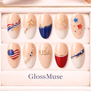 USA Patriotic Press On Nails - Red White and Blue Star Heart & Fireworks Fake Nails - Handmade Custom Reusable Almond Nails