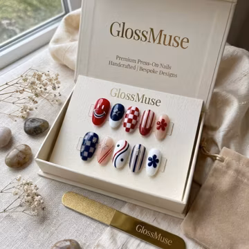 Red White Blue Checkered Smiley Star Floral Almond Press On Nails
