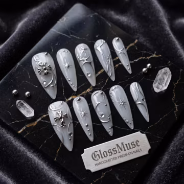 Gothic Grey Stiletto Press on Nails | Silver Chrome Cross Starburst Y2K Set