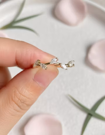 Marquise Cut Colorless Moissanite Minimalist Gold Band, Half Eternity Wedding Band, Leaf Nature Inspired Engagement Rings, Mother's Day Ring
