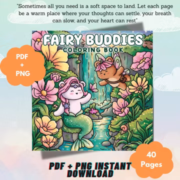 40-50% Off | Cute Fairy Coloring Book PDF, Cozy Mythical Creatures, Bold and Easy Aesthetic Kawaii Forest Waterfall Pages, Digital Download