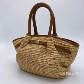 Handmade Italian Raffia Tote Bag, Cognac Leather Shoulder Purse, Summer Beach Bag, Eco-Friendly Natural Straw Tote