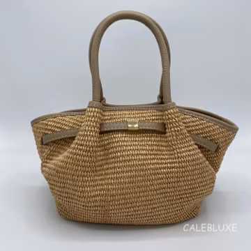 Handmade Italian Raffia Tote Bag, Taupe Leather Shoulder Purse