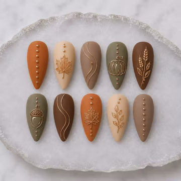 Matte Fall Press on Nails, Gold Maple Leaf Acorn Pumpkin Fake Nails, Earth Tone Thanksgiving Glue on Nails, Autumn Almond Nails