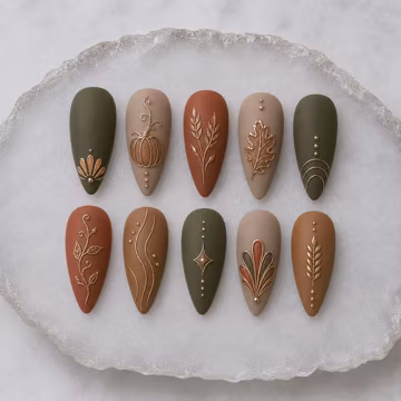 Autumn Fall Press on Nails, Gold Pumpkin Oak Leaf Fake Nails, Matte Earth Tone Glue on Nails, Terracotta Olive Green Boho Nails