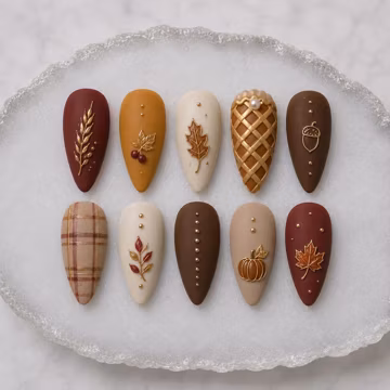 Matte Fall Press on Nails, Pumpkin Pie Plaid Maple Leaf Fake Nails, Burgundy Brown Thanksgiving Glue on Nails, Autumn Almond Nails