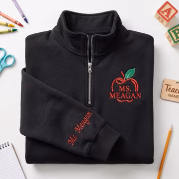 Custom Name Teacher Quarter Zip Personalized Apple Embroidered Zip Teacher Appreciation Gift Back To School New Teacher Graduation Gift
