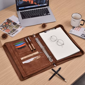 Personalized A4 Leather Portfolio Binder – Custom Logo Business Folder – Corporate Gift Padfolio with Zipper – Handmade Office Organizer