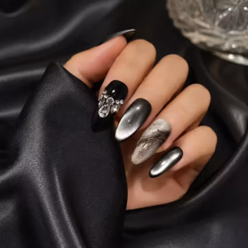 Trending Black Silver Press On Nails, Rhinestone Cat Eye Fake Nails, Luxury Gothic Glam Nails, Marble Accent Manicure, Hot Selling Nail Set