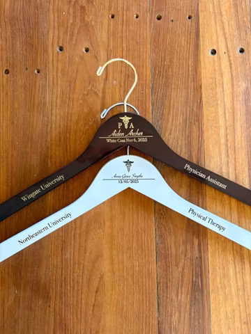 Engraved White Coat Ceremony Hanger - Wood Hanger with Graduate Name, School and Specialty
