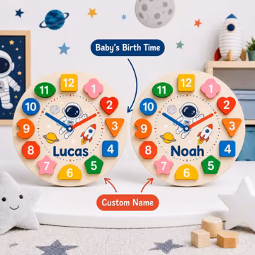 Personalized Space Wooden Birth Time Clock, Custom Name Astronaut Nursery Clock, Baby Birth Time Keepsake, Montessori Learning Toy