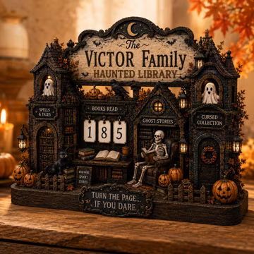 Personalized Haunted Library Halloween Wood Sign, Custom Family Name Countdown, Spooky Bookish Home Decor
