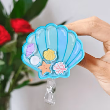 Sea Shell Shaker Badge Reel Summer Badge Cute Beach Badge Reel Coastal Nurse ID Reel Sea Shell Lover gift