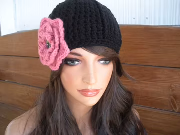 Black Crochet Hat Cloche Winter Fashion Women Beanie with Pink Flower