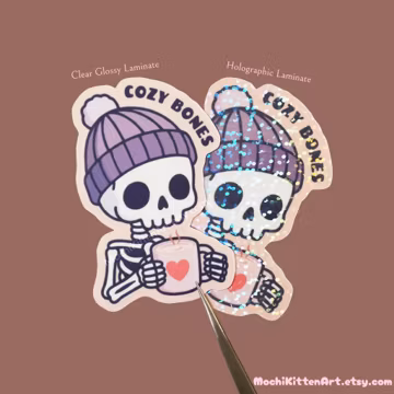Cozy Bones Skeleton Enjoying Coffee Vinyl Sticker | Holographic Or Clear Glossy | Cute Spooky Skull Autumn Vibes Quote Handmade Gift