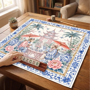 Chinese Style Mahjong Table Mat, Blue White Porcelain Design, Floral Game Mat, American Mahjong Table Mat, Unique Gift for Mahjong Lovers