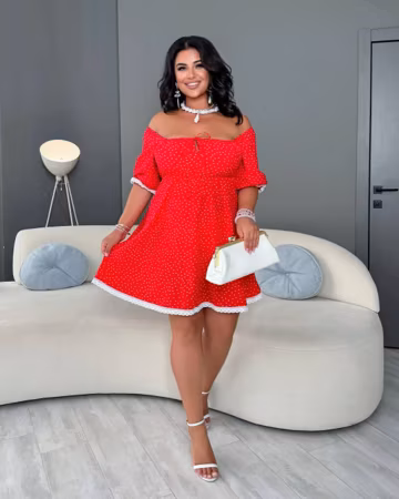 Plus Size Dress Red Polka Dot Square Neck Curvy Overszied styel Casual 4XL-5XL Outfit
