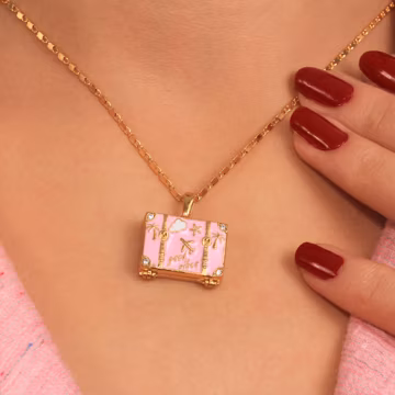 Cubic Zirconia Opening Suitcase Charm Ready Necklace, Pink Enamel Suitcase Charm Necklace, Traveler Luggage Charm Necklace,