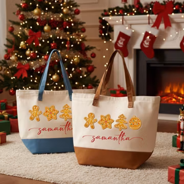 Personalized Christmas Tote Bag, Custom Name Canvas Bag, Festive Shopper, Xmas Holiday Carryall, Gingerbread Cookie Tote Bag