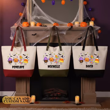 Funny Ghost Halloween Tote Bag, Cute Ghost Pumpkin, Funny Fall Pumpkin, Halloween Party, Trick or Treat Gift,Custom Name Halloween Tote Bag