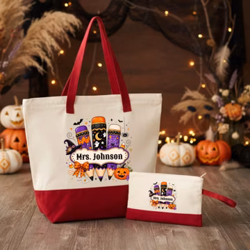 Personalized Teacher Halloween Tote Bag, Custom Teacher Appreciation Halloween Gift, Trick or Teach Teacher Bag, Spooky Season Teacher Gift