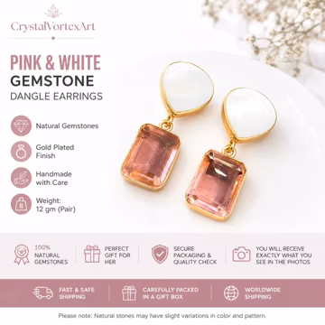 Pink Quartz & White Shell Dangle Earrings | Gold Plated Handmade Gemstone Earrings | Elegant Statement Jewelry | Gift for Her|Crystal Earing
