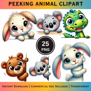 Peeking Animal PNG Bundle, Watercolor Cartoon Clipart (Digital Download)