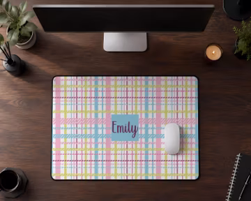 Personalized Pastel Plaid Desk Mat, Custom Name Preppy Mouse Pad, Gingham Cute Office Setup Accessories