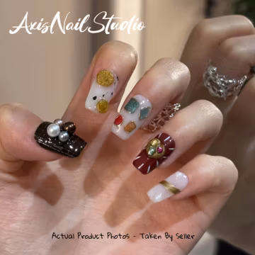 Vintage Fruit Slice Press On Nails – Geometric & Pearl Short Square Aesthetic Fake Nails