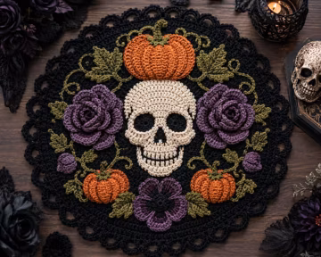Crochet Skull Halloween Mat Pattern, Pumpkin Floral Doily PDF, Gothic Table Centrepiece, Spooky Home Decor, PDF