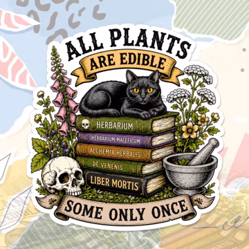 All Plants Are Edible Some Only Once Sticker Funny Botanical Skull Cat Plant Gothic Decal For Water Bottle, Laptop