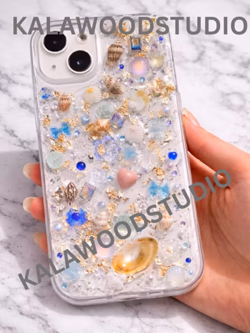 Handmade Ocean Resin Phone Case, Seashells, Pearls, Gold Flakes, Coastal Glam Cover