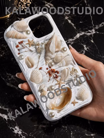 Handmade Coastal Seashell Phone Case, Ocean Pearl Resin iPhone Cover