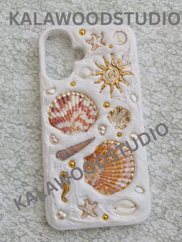 Handmade Resin Ocean Phone Case, Seashells, Gold Accents, Coastal iPhone Cover