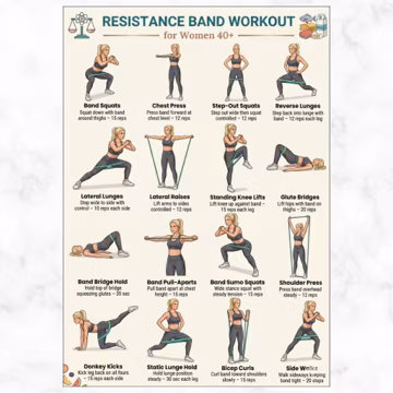 Resistance Band Workout For Women 40+ Printable, Lower Body & Full Body Band Exercises, Home Fitness Routine For Women Strength Training