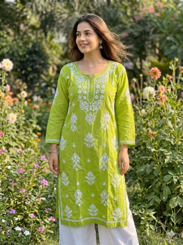 Handmade Lime Green Lucknowi Chikankari Royan Kurti / Hand Embroidered Soft Silk Feel Tunic / Ethnic Indian Wear / Boho Women Dress