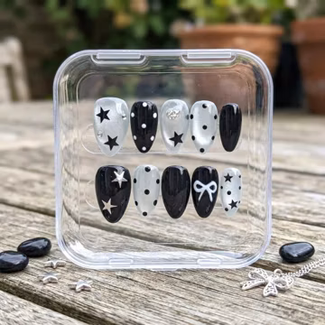 Black Star Press On Nails Short Almond, Silver Shimmer Fake Nails, Cute Polka Dot Glue On Nails, Coquette Bow Acrylic Nails Reusable