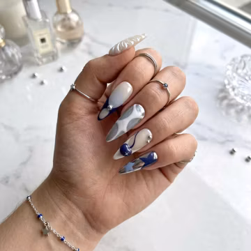 Navy Blue Chrome Press on Nails | 3D Pearl Seashell & Star Accent Fake Nails | Y2K Cute Cherry Gel Nails Long Almond | Party Nails
