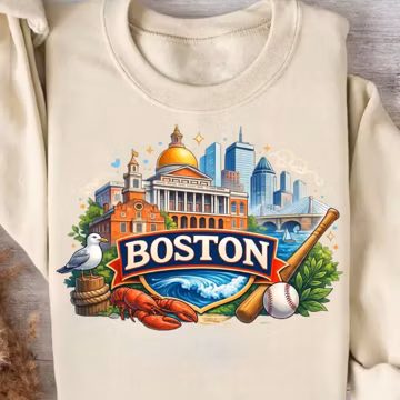 Boston City Sublimation PNG, Boston Baseball & Ocean Wave Clipart, Massachusetts Souvenir DTG Shirt Design, Instant Digital Download