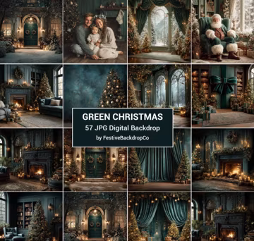 Traditional Christmas Background - Green Christmas Digital Backdrop for Family and Winter Maternity Photoshoot