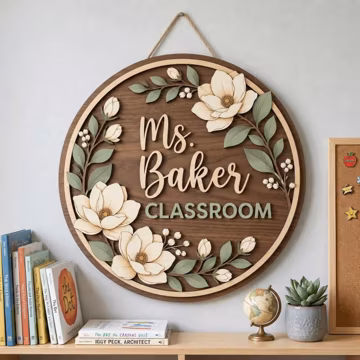 Personalized Teacher Wooden Door Sign, Custom 3D Name Sign, Classroom Door Hanger, Floral Teacher Gift, Back to School Decor