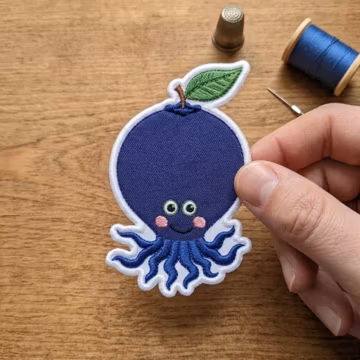 Cute Kawaii Blueberry Octopus Fruit Sea Animal Embroidered Patch, Iron on, Sew on, Hook and Loop