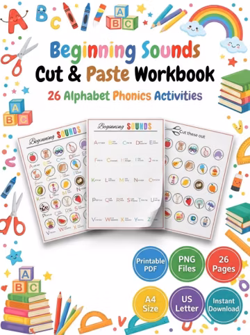 Beginning Sounds Cut & Paste Workbook | 26 Alphabet Phonics Activities (Digital Download)