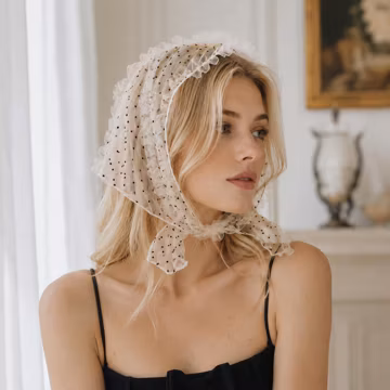 Polka Dot Mesh Headscarf, Lace Ruffled Hair Bandana, Cottagecore Tulle Head Wrap, Vintage Sheer Scarf, Coquette Hair Accessory